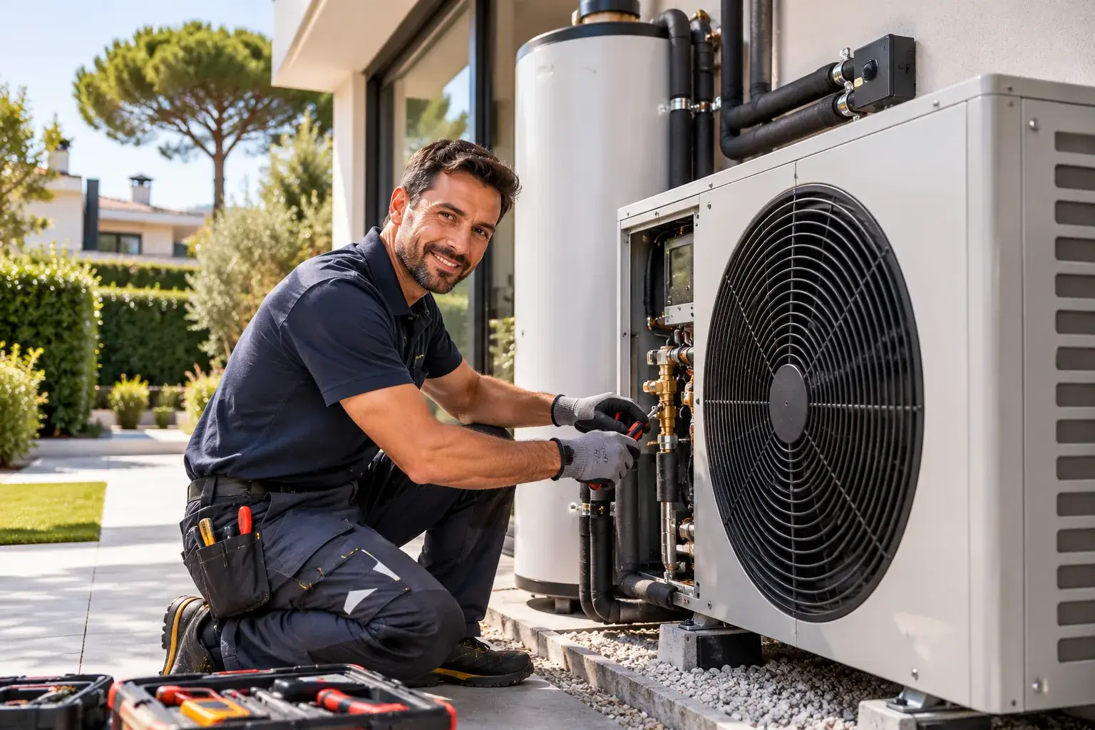 Técnico de AERVIK instalando una bomba de calor de aerotermia en una vivienda de Majadahonda